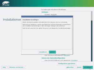 Abbildung 6: Jetzt wird es ernst: Klicken Sie hier auf "Installieren", richtet YaST OpenSuse ein. Wählen Sie "Zurück" und dann "Abbrechen", bleibt das System unverändert.