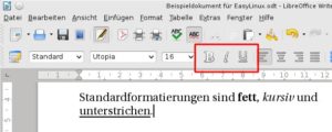 Abbildung 7: Die rote Markierung zeigt die Schaltflächen, über die Sie ausgewählte Passagen fett, kursiv oder unterstrichen formatieren.