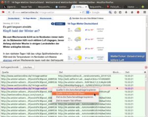 Abbildung 7: Die Anfragenchronik blendet für die aktuell geöffnete Webseite einen zeitlichen Verlauf der Drittanbieter-Kontakte ein. Rot hinterlegte Einträge hat das Add-on blockiert.
