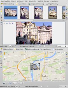 Abbildung 9: Zwei Beispiele für vier Ansichtsmodi zum Durchblättern der Bilder in Digikam: Die Thumbnail-Ansicht mit vergrößertem Einzelbild und die Kartendarstellung für Bilder mit eingebetteter GPS-Position.