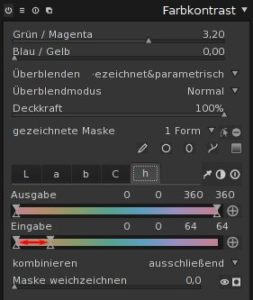 Abbildung 10: Die parametrische Auswahl filtert aus der Vorauswahl mit dem Pinsel die roten Farbtöne heraus.
