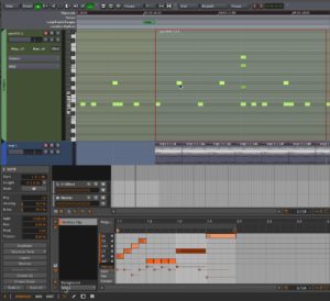 Abbildung 2: Oben der einfache MIDI-Editor von Ardour, der direkt in der Spur arbeitet, darunter der separate MIDI-Editor von Bitwig 1.1.1 mit einer praktischen Spezialansicht, die nur im Stück verwendete Noten anzeigt.