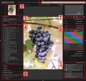 Abbildung 3: Dank Karteireiter-Prinzip (1) und auf- und zuklappbaren Paletten (2) bleibt die GUI von Darktable übersichtlich, obwohl die Einstellungsdialoge aller verfügbaren Effekte quasi immer offenstehen.