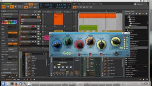 Abbildung 5: Bitwig 1.1.1 komplett mit Clip-Matrix, Arranger und Effekt-Chain inklusive des neuen audiophilen Equalizers Luftikus als natives VST-Plugin.