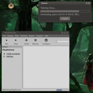 Abbildung 8: Nach der Installation meldet sich Steam mit fälligen Updates, PlayOnLinux wartet auf erste Spiele.