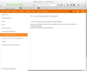 Abbildung 9: In den Einstellungen von Mailbox.org laden Sie den für verschlüsselten E-Mail-Verkehr benötigten PGP-Key hoch, den Sie zuvor auf Ihrem Rechner erstellt haben.