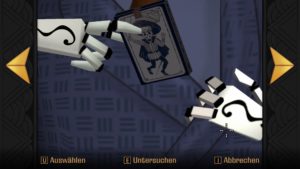 Ruft man das Inventar auf, erscheint diese Nahaufnahme. Über die Pfeile blättert man zwischen den Gegenständen in Mannys Taschen.