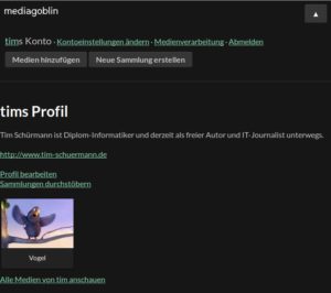 Abbildung 4: Über das Dreieck klappen wichtige Links auf. Nach jeder Aktion blendet MediaGoblin sie allerdings immer wieder aus.