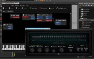 Abbildung 4: Mit dem VST-Plugin der Carla-Patchbay spielen LV2-Plugins wie CALF-Monosynth und Guitarix auch in Bitwig Studio mit.