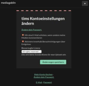 Abbildung 7: In den Kontoeinstellungen können Sie auch eine Standard-Lizenz vorgeben, die Ihnen MediaGoblin dann immer beim Hochladen von Dateien vorschlägt.