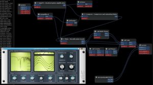 Abbildung 8: Zwei Gitarrenverstärker und diverse Effekte parallel und in Reihe verkabelt in Carlas Patchbay. Der Anteil der parallelen Effekte im Mix lässt sich an ihren eigenen Ausgangsreglern einstellen.