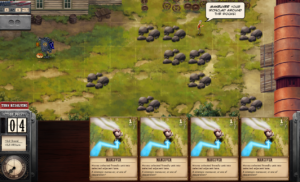 Das kurze Tutorial zeigt das Spielprinzip: Der Roboter links fährt in jedem Zug automatisch nach rechts und bleibt vor Hindernissen stehen. Mit einer der Karten kann man ihn dann ein Feld nach oben oder unten setzen.