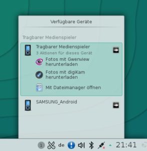 Abbildung 1: Per USB angeschlossene Android-Geräte erkennt Linux sofort und bietet verschiedene Zugriffsmöglichkeiten an.