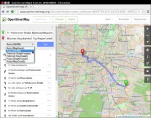 Abbildung 10: Seit kurzem planen Sie Routen direkt auf der OpenStreetMap-Webseite. Im Drop-down-Menü wählen Sie Ihr Verkehrsmittel und den externen Dienst aus.
