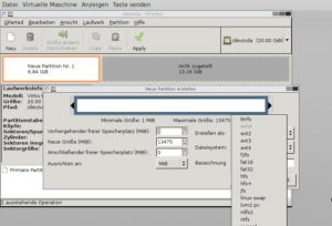 Abbildung 19: Gparted zeigt die Belegung der Platte anschaulich mit Diagrammen an. Es erkennt viele Linux- und Windows-Dateisysteme und auch die für über 2 TByte große Festplatten gefragten GPT-Partitionstabellen.