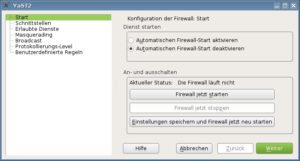 Abbildung 2: Der Screenshot zeigt die via YaST deaktivierte Firewall von OpenSuse.