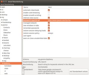 Abbildung 3: Um eine neue Standard-Suchmaschine für den Gnome-Browser Epiphany einzurichten, bearbeiten Sie den entsprechenden Schlüssel im Dconf-Editor.