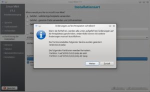 Abbildung 3: Der Installer entscheidet, wie er die Platte aufteilt: Linux Mint ist das einzige System, es gibt eine Root- und eine Swap-Partition.