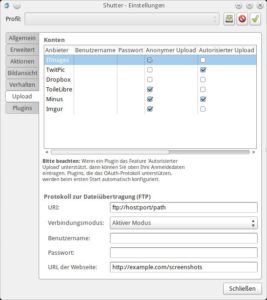 Abbildung 3: Shutter erlaubt es, Screenshots direkt über diverse Bildhoster zu veröffentlichen oder sie alternativ auf dem eigenen FTP-Server zu speichern.