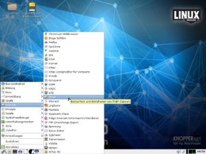 Abbildung 4: Knoppix ist traditionell gut mit Software ausgestattet. Vom schlanken Desktop LXDE aus greifen Sie über das Startmenü darauf zu.