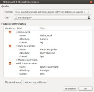 Abbildung 4: Klappen Sie vor dem Importieren der CSV-Datei die Datensätze über das Dreieck aus. Sie können auch gezielt Einträge abwählen.