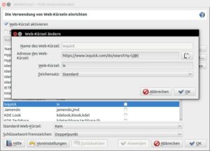 Abbildung 4: Neue Suchmaschinen richten Sie für Konqueror über die so genannten Webkürzel ein. So befragen Sie über die Adressleiste direkt einen bestimmten Dienst.