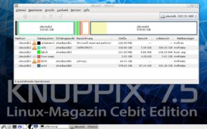 Abbildung 4: Gparted, hier unter Knoppix 7.5, zeigt immer nur die Partitionen einer Festplatte an. Welche das ist, legen Sie rechts oben im Fenster fest.