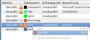 Abbildung 5: Linux-Datenpartitionen entfernen Sie in Gparted über den Kontextmenüpunkt "Löschen".