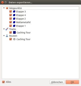 Abbildung 6: Beim Export aus QLandkarte wählen Sie aus den verschiedenen Bereichen der Datenbank aus, welche Informationen Sie als GPX-Datei exportieren wollen.