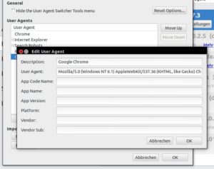 Abbildung 7: Die Firefox-Erweiterung "User Agent Switcher" ändert die Daten, die Firefox als Browserkennung an Webseiten schickt.