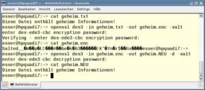 Abbildung 7: Mit "openssl" können Sie Dateien schnell verschlüsseln (und über die Zusatzoption "-d" wieder entschlüsseln).