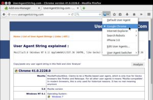Abbildung 8: Wenn Sie den "User Agent Switcher" in der Firefox-Menüleiste verankern, können Sie schnell umschalten oder zu den Einstellungen wechseln.