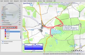 Abbildung 9: QLandkarte GT zeigt vom Handy importierte GPS-Tracks vor einer OpenStreetMap-Karte an, wertet Geschwindigkeit und Steigungsverlauf aus und bearbeitet die Tracks.