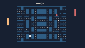 Hier hat der Spieler mit dem roten Schläger seinen Pac-Man in das Labyrinth geschickt. Dieser frisst sich unaufhaltsam von rechts nach links.