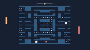 Hier hat der rote Spieler nicht aufgepasst: Da man den Pac Man nicht anhalten kann, läuft er gleich in den Geist.