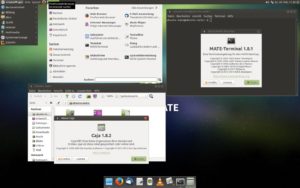 Abbildung 2: Der in Ubuntu erstmals offiziell unterstützte Mate-Desktop konserviert Gnome 2. Neben dem Gnome-2-Startmenü aus dem letzten Jahrzehnt (links) stehen auch das aufgepeppte Mint-Startmenü (Mitte) und ein Dock à la OS X (unten) bereit.