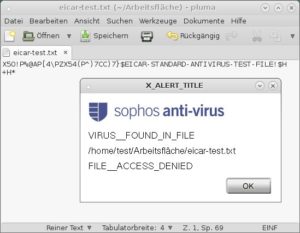 Abbildung 2: Sobald Sie eine mit einem Schädling befallene Datei öffnen, unterbindet Sophos Anti-Virus für Linux den Zugriff.
