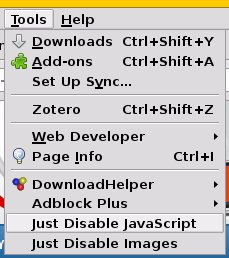 Abbildung 4: Das Firefox-Addon Just Disable Stuff erlaubt das gezielte Ein- und Ausschalten von Javascript und Bildern.