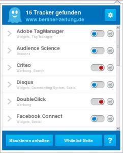 Abbildung 8: Mit Ghostery blockieren Sie Tracking-Mechanismen gezielt und spezifisch für jede Webseite.
