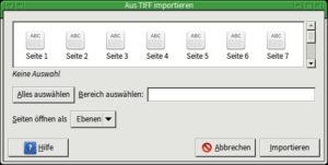 Abb. 1: Gimp fragt beim Öffnen von mehrseitigen TIFFs, welche Seiten er als Ebenen öffnen soll.