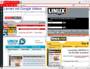 Abbildung 3: Auf Wunsch verteilt Vivaldi die in einer Gruppe zusammengefassten Webseiten gleichmäßig im Browserfenster.