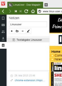 Abbildung 5: Vivaldis Notizfunktion aus dem Panel erlaubt das Hinterlegen nicht nur getippter Erinnerungen, sondern auch von URLs und Dateien.