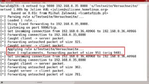 Abb. 1: Die Startmeldungen und Programmausgaben von Netsed geben ausführlich Aufschluss über den aktuellen Status und erfolgreiche Ersetzungen (rot umrandet).
