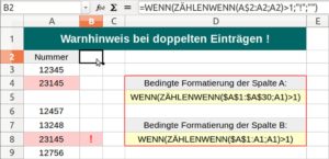 Abbildung 1: Doppelte Einträge werden in dieser Beispieltabelle in Spalte A mit einer bedingten Formatierung mit absoluten Bezügen und die Spalte B mit einer bedingten Formatierung mit gemischten Bezügen formatiert. Außerdem erscheint in Spalte B ein Warnhinweis.