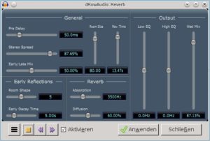 Abbildung 1: Audacity 2.1 erlaubt die Konfiguration von Effekten noch während der Editor die Spur abspielt. Für Linux-VST-Module wie dRowAudio zeigt Audacity außerdem deren eigene grafische Oberfläche.