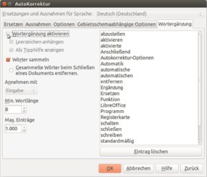 Abbildung 12: Wenn Writer keine Wortergänzungen mehr vorschlagen soll, deaktivieren Sie das Feature in den "AutoKorrektur-Optionen".