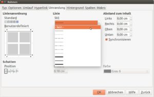 Abbildung 15: Alle Eigenschaften des Rahmens um eine Tabelle ("Linienstil" und "Abstand zum Inhalt") bestimmen Sie in der Registerkarte "Umrandung".