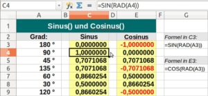 Abbildung 2: Für Sinus- und Cosinus-Berechnungen müssen Sie zunächst Gradzahlen in Bogenmaßwerte umwandeln.