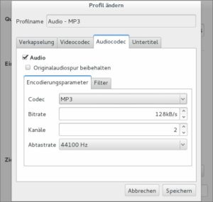 Abbildung 2: Mit dem VLC können Sie Audiospuren aus Videos extrahieren. Was Codec, Abtastrate und Ähnliches betrifft, können Experten hier an allerhand Stellschräubchen drehen.
