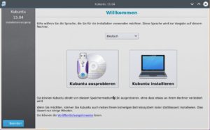 Abbildung 4: Über den Bootmenü-Eintrag "Start Kubuntu" gelangen Sie zu diesem Fenster, in dem Sie die Sprache auswählen und probeweise den KDE-Desktop im Live-Modus starten.